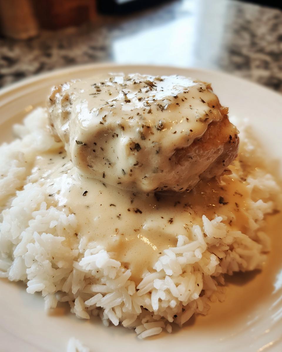 A close-up of smothered chicken and rice, featuring a piece of chicken generously covered in creamy white gravy, served over white rice.
