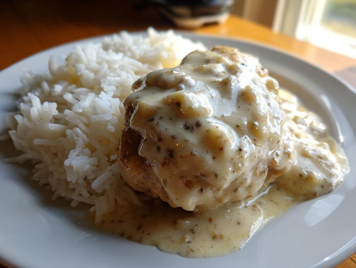 Close-up of smothered chicken and rice, featuring a piece of chicken covered in creamy, speckled gravy next to fluffy white rice.