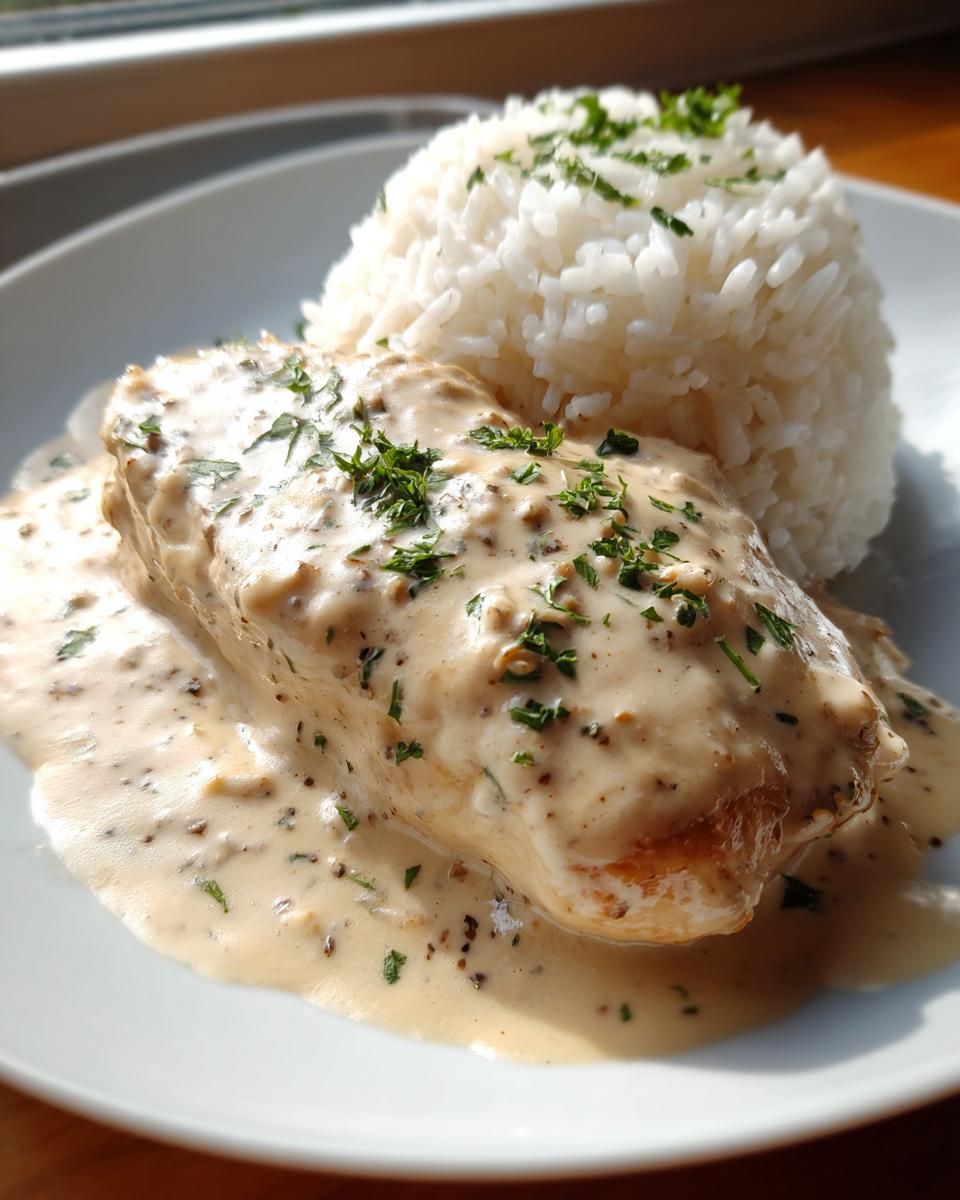 A close-up of smothered chicken and rice, featuring a chicken breast covered in creamy mushroom sauce and garnished with parsley.