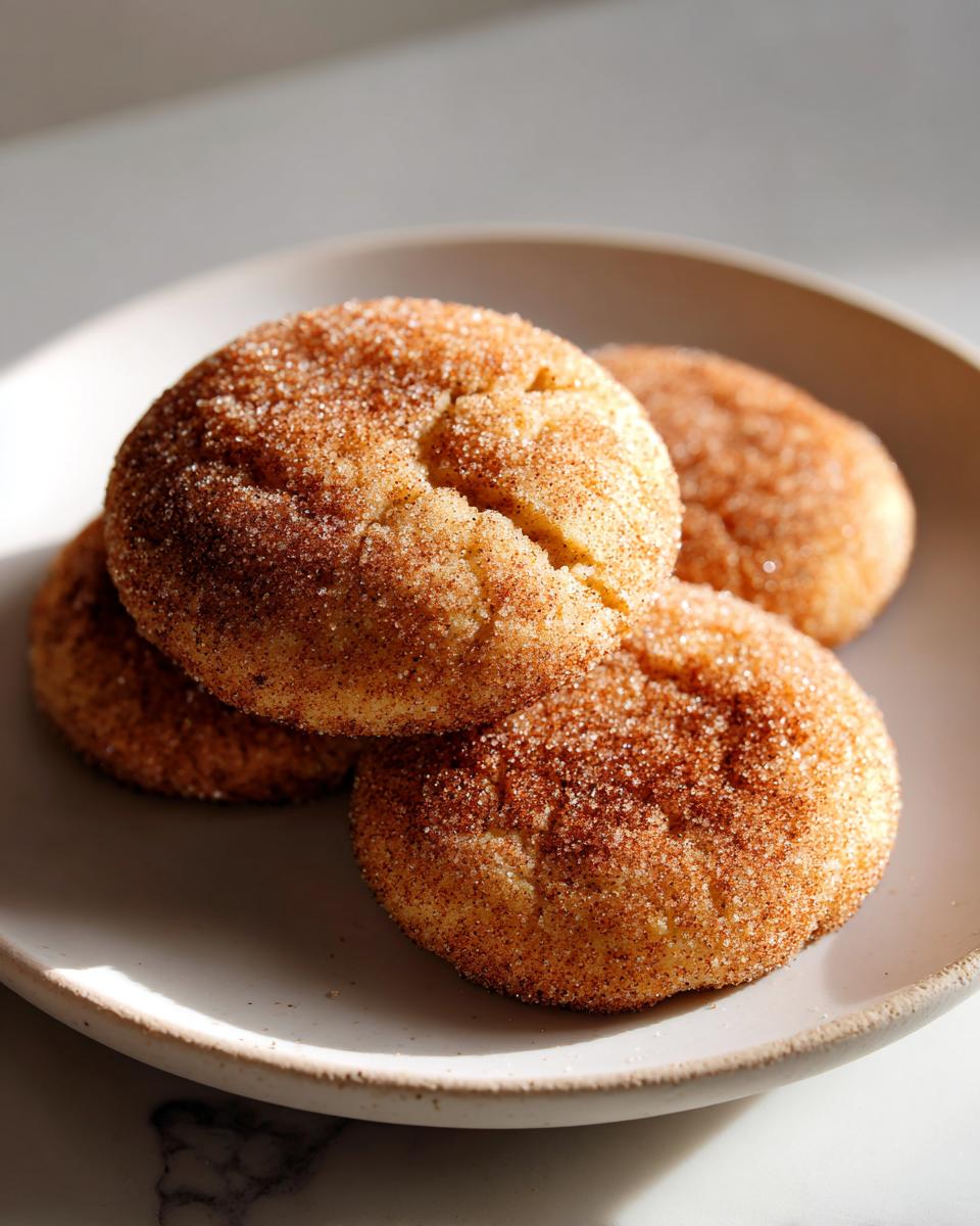 Close-up of several soft churro cookies heavily coated in cinnamon sugar resting on a light ceramic plate.