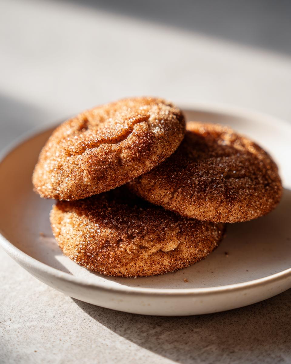Three soft churro cookies heavily coated in cinnamon sugar stacked on a small, light-colored plate.