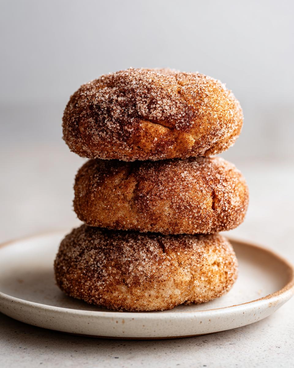 Three soft churro cookies stacked on a small speckled plate, heavily coated in cinnamon sugar.