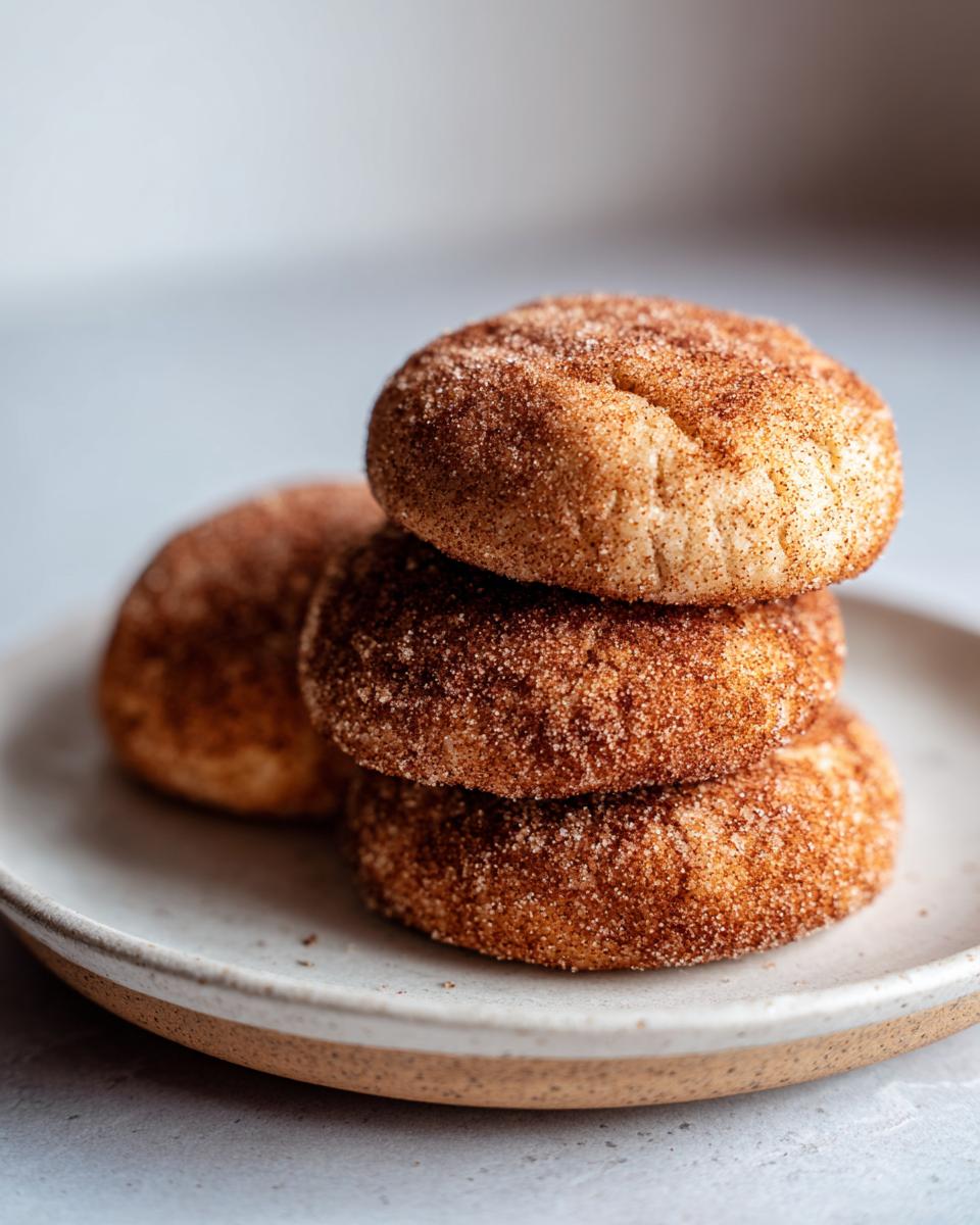 A stack of three soft churro cookies generously coated in cinnamon sugar resting on a small ceramic plate.