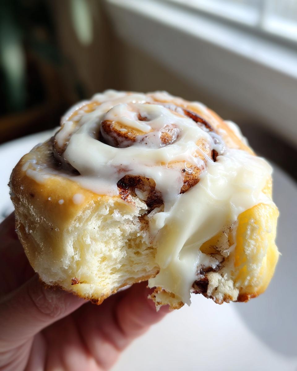 Close-up of a hand holding a soft, fluffy cinnamon rolls with a bite taken out, dripping with cream cheese frosting.