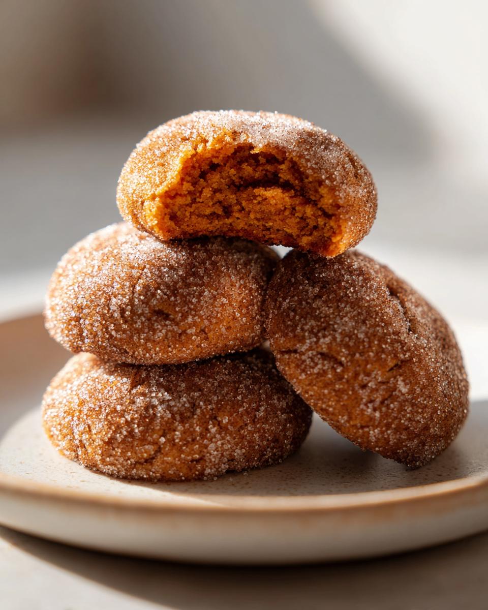 A stack of four soft, round pumpkin snickerdoodles generously coated in cinnamon sugar, with one cookie broken open.