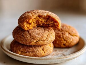 A stack of three soft pumpkin snickerdoodles coated in cinnamon sugar, with the top cookie broken open.
