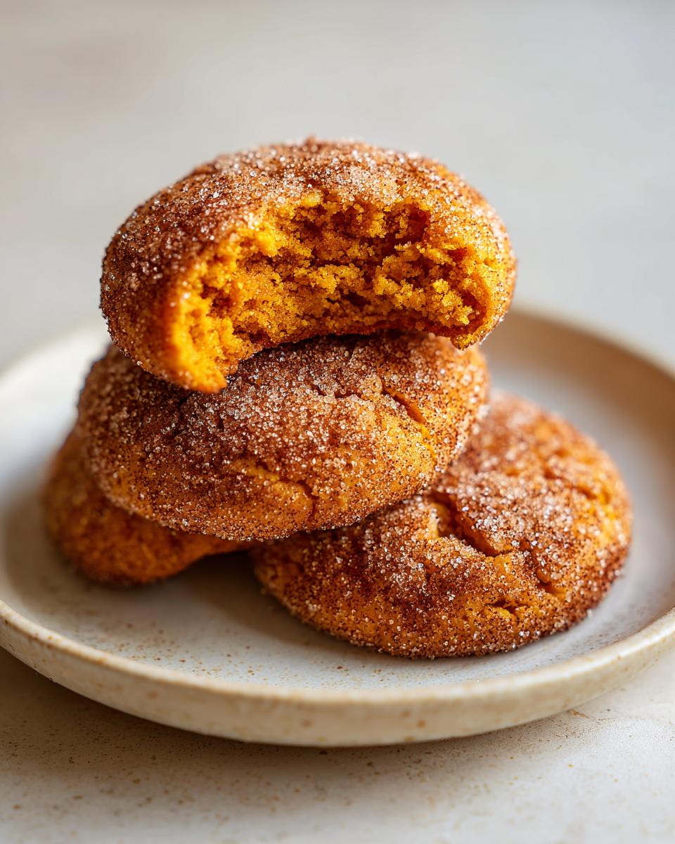 A stack of three soft pumpkin snickerdoodles coated in cinnamon sugar, one on top has a bite taken out.