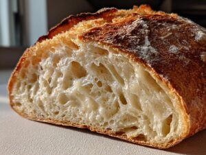 Close-up of a perfectly baked loaf showing the open, airy crumb structure achieved with a successful sourdough starter.