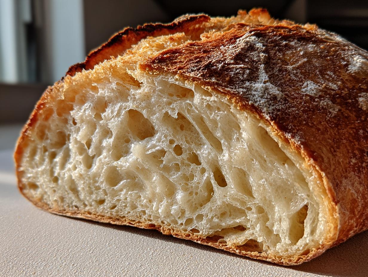 Close-up of a perfectly baked loaf showing the open, airy crumb structure achieved with a successful sourdough starter.