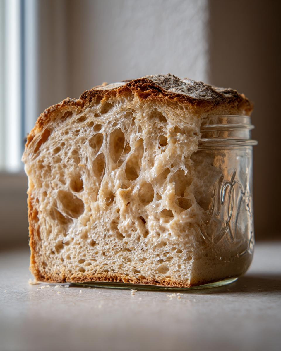 A thick slice of bubbly sourdough bread showing an open crumb structure, resting on top of a glass jar used for the sourdough starter.
