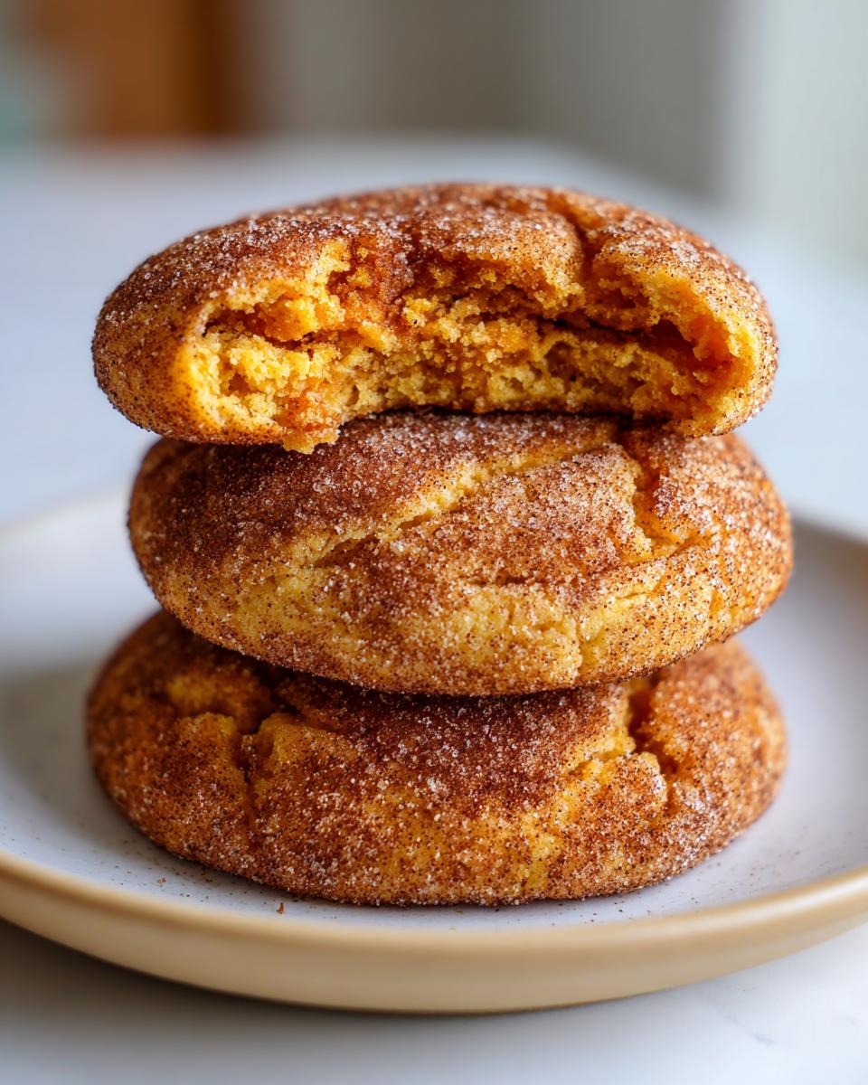 A stack of three soft pumpkin snickerdoodles coated in cinnamon sugar, with the top cookie showing a bite taken out.