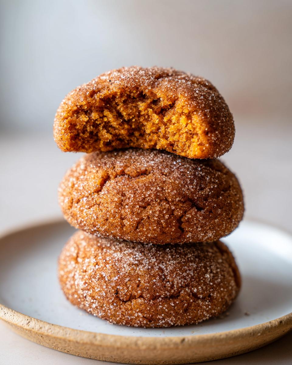 A stack of three soft, chewy pumpkin snickerdoodles coated in cinnamon sugar, with the top one bitten into.