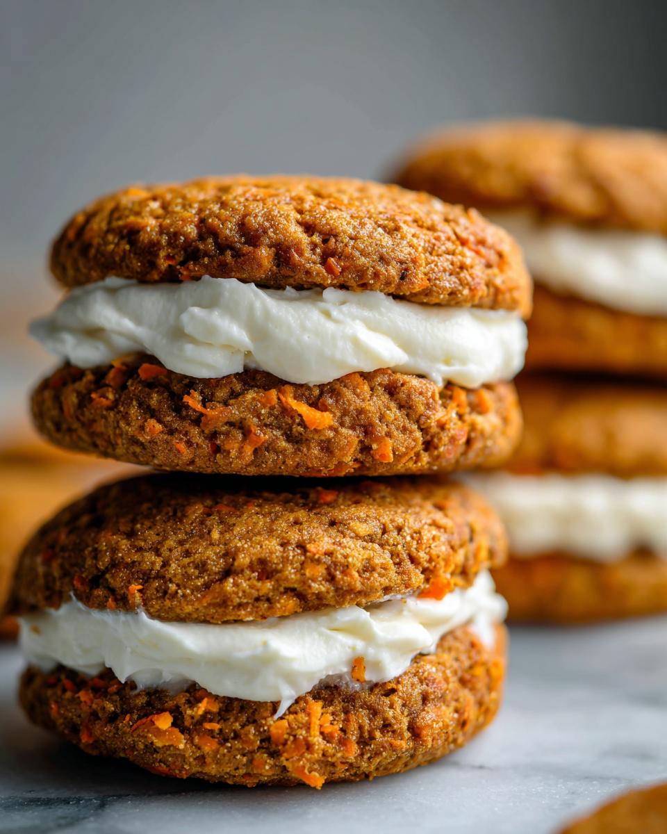 Two stacked carrot cake cookies filled generously with white cream cheese frosting.