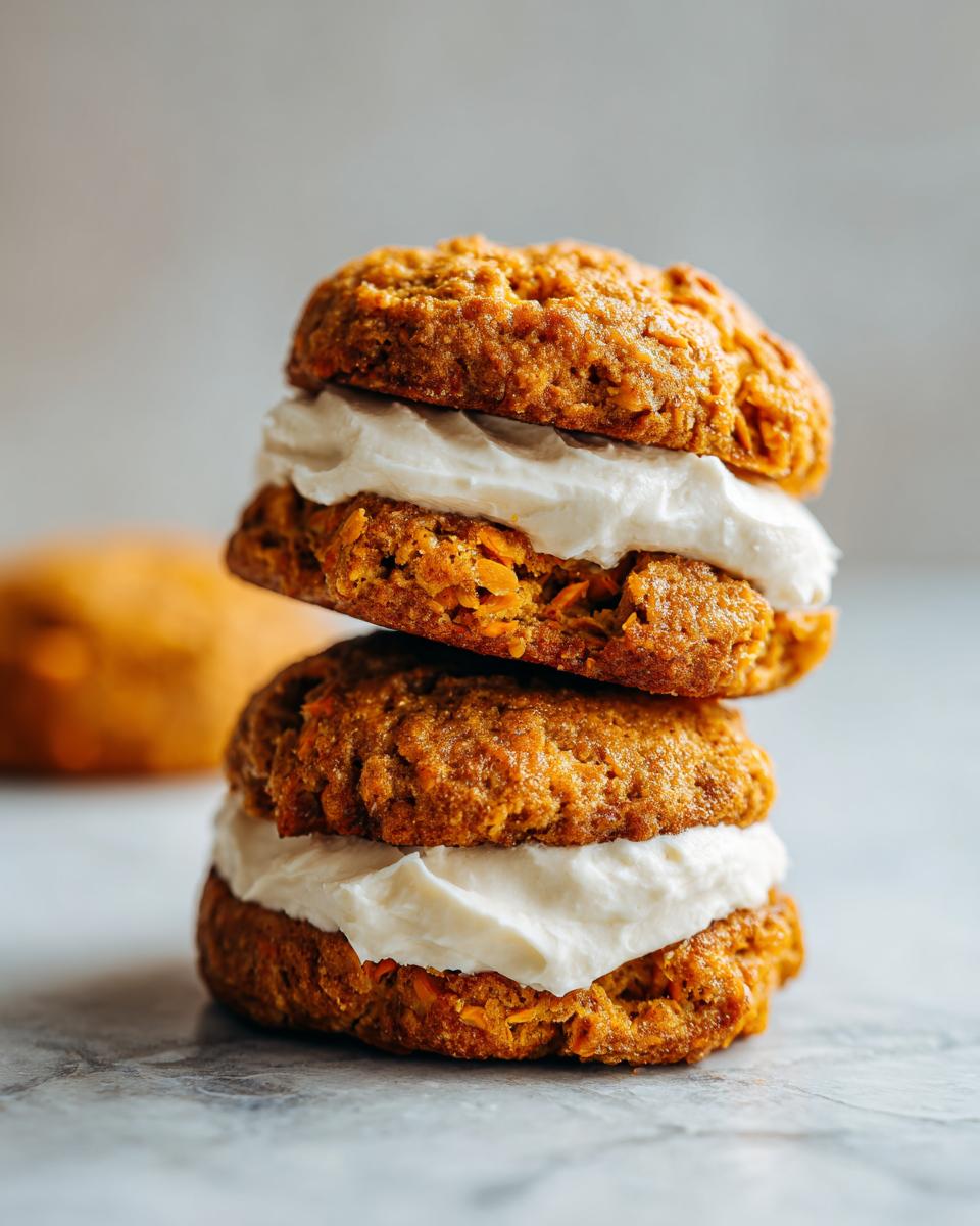 Two delicious carrot cake cookies stacked with thick cream cheese frosting in the middle.
