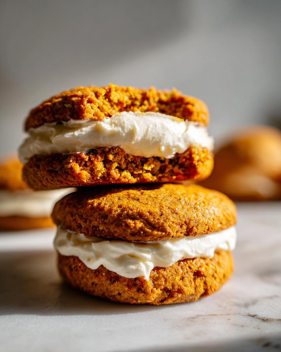 Two stacked carrot cake cookies filled generously with thick, white cream cheese frosting.