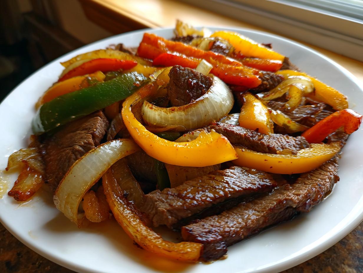 Close-up of sizzling steak fajitas featuring sliced steak, yellow, red, and green bell peppers, and caramelized onions on a white plate.