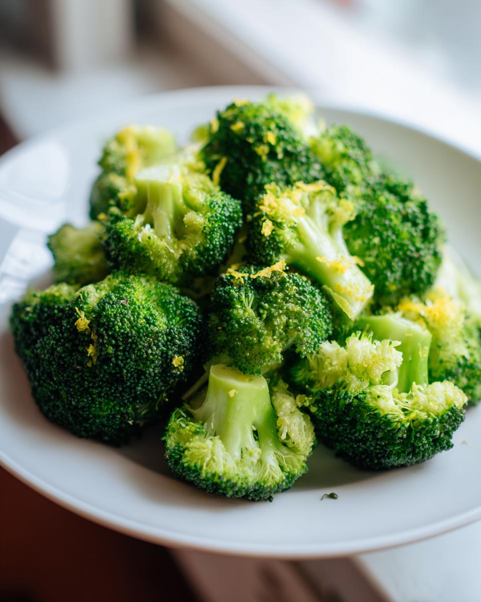 Close-up of bright green steamed broccoli florets topped with yellow lemon zest on a white plate.