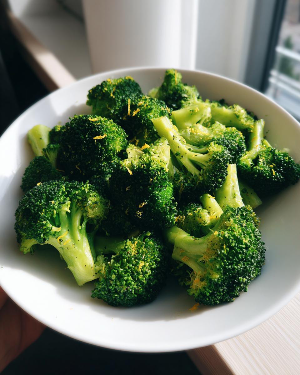 A white bowl filled with bright green steamed broccoli florets topped with yellow lemon zest.