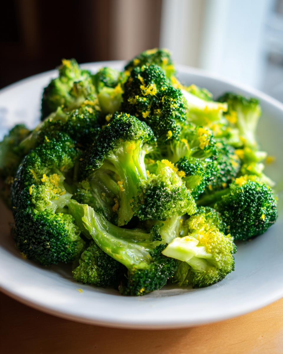 Close-up of bright green steamed broccoli florets topped with yellow lemon zest served on a white plate.