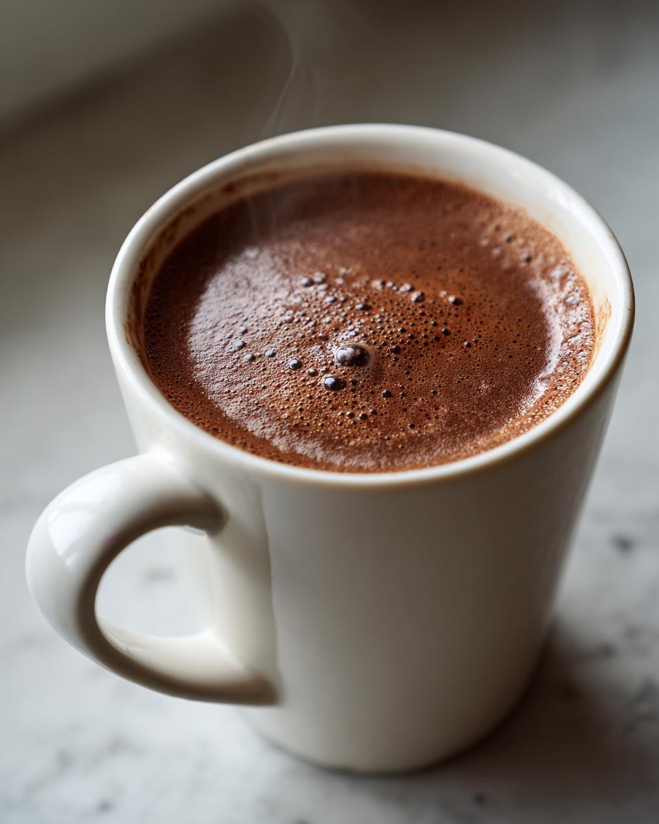 Close-up of a white mug filled with steaming, rich crockpot hot chocolate topped with small bubbles.