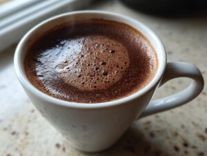 Close-up of a white mug filled with rich, steaming crockpot hot chocolate showing a foamy top.