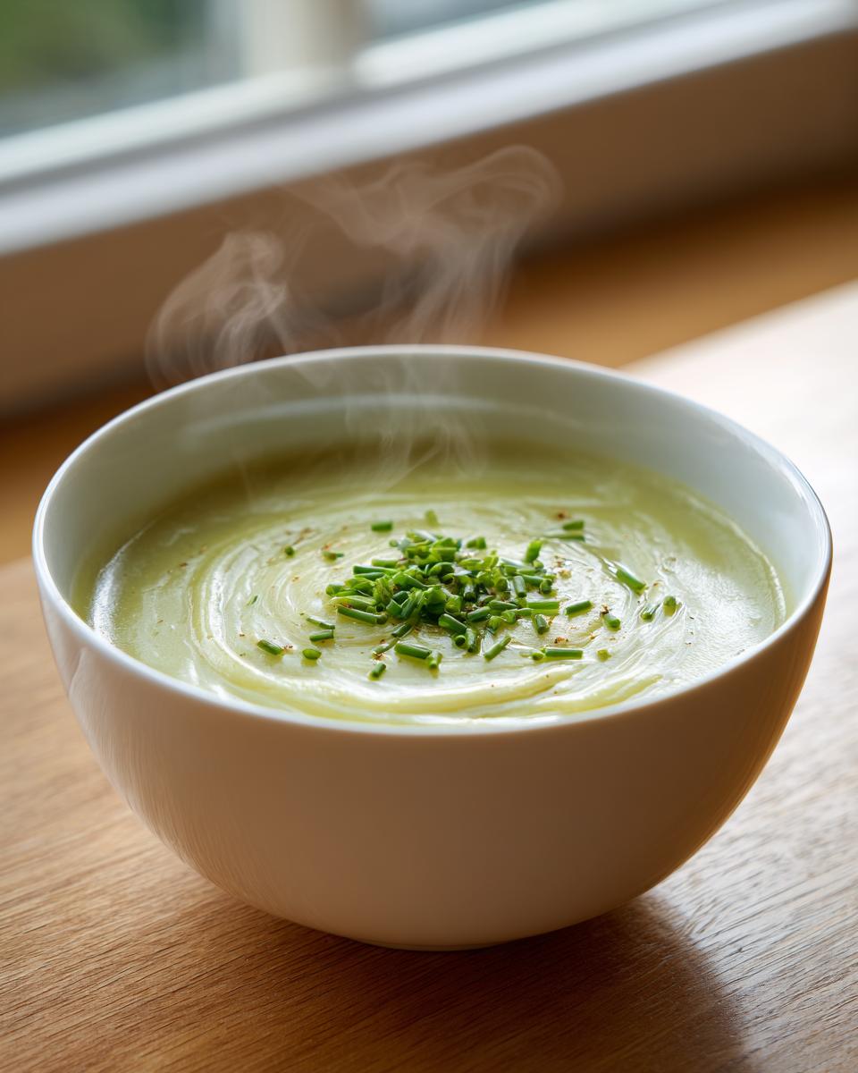 A steaming white bowl filled with creamy potato leek soup, garnished with fresh chives.