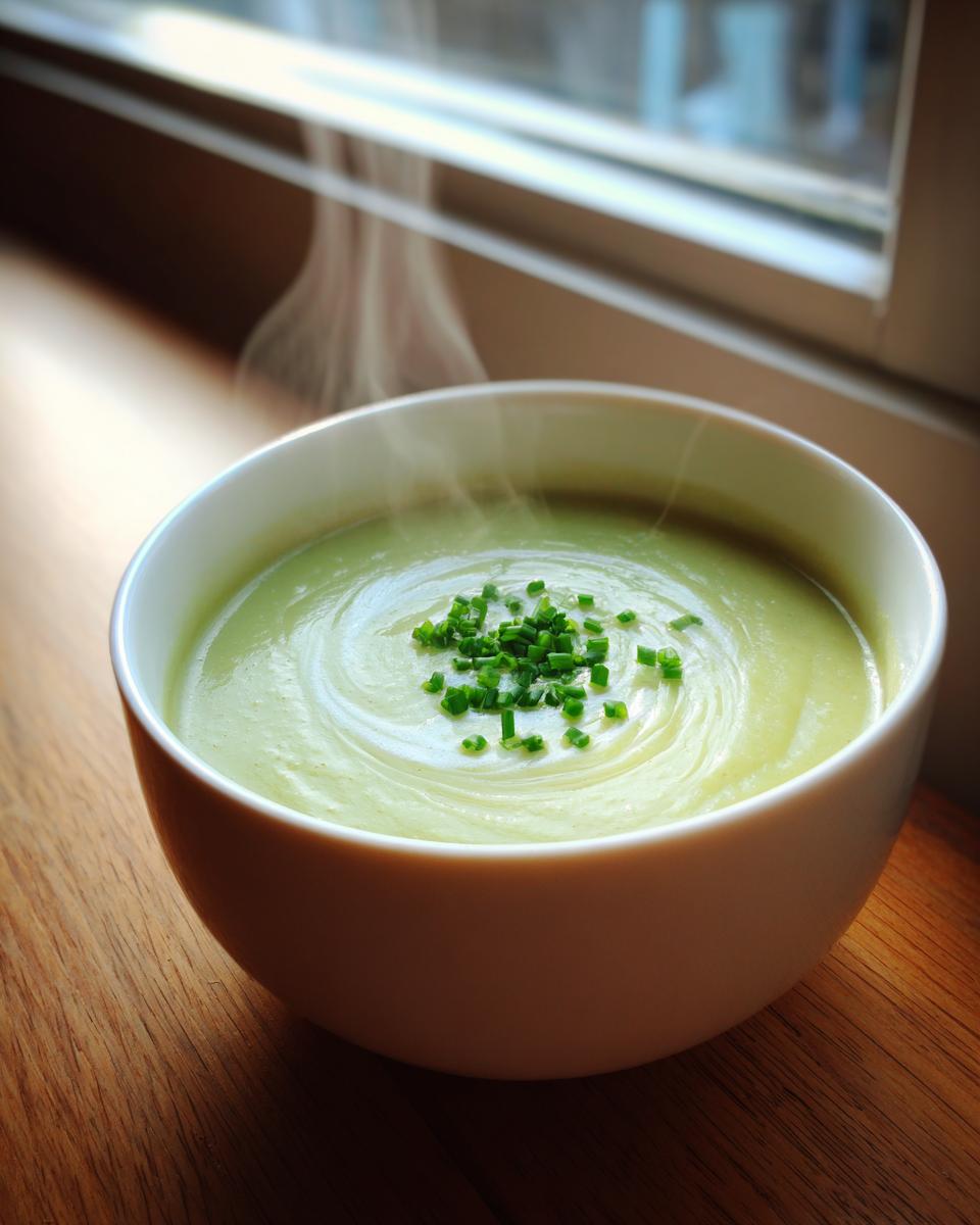 Close-up of a steaming white bowl filled with creamy potato leek soup, garnished with fresh chives.