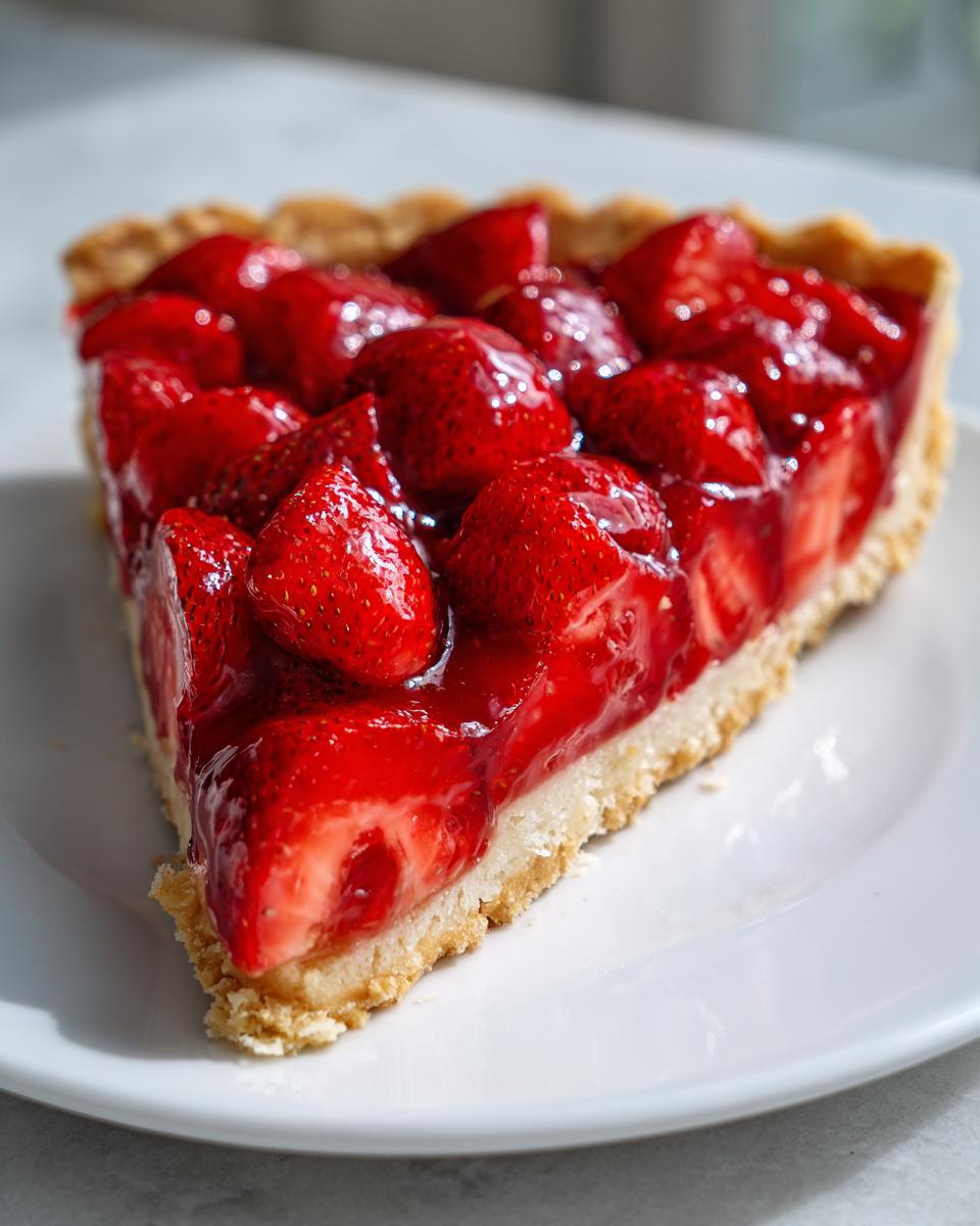 A close-up of a perfect slice of strawberry pie with a flaky crust and glossy strawberry topping.