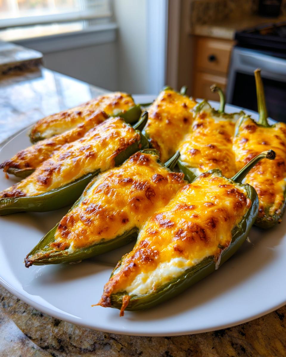 Close-up of baked stuffed banana peppers halves topped with melted, browned cheese.