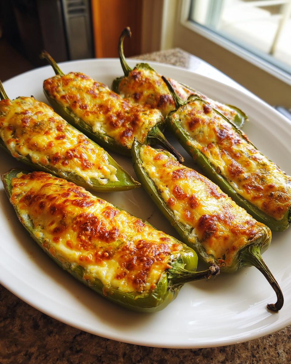 Six baked stuffed banana peppers topped with golden brown melted cheese served on a white plate.