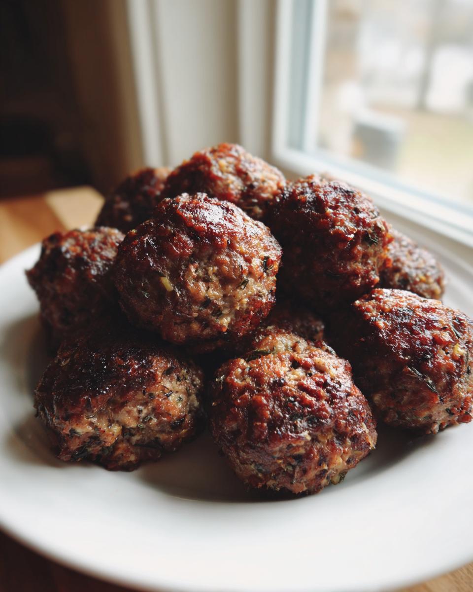 A close-up of several golden-brown, savory stuffing balls stacked on a white plate near a window.
