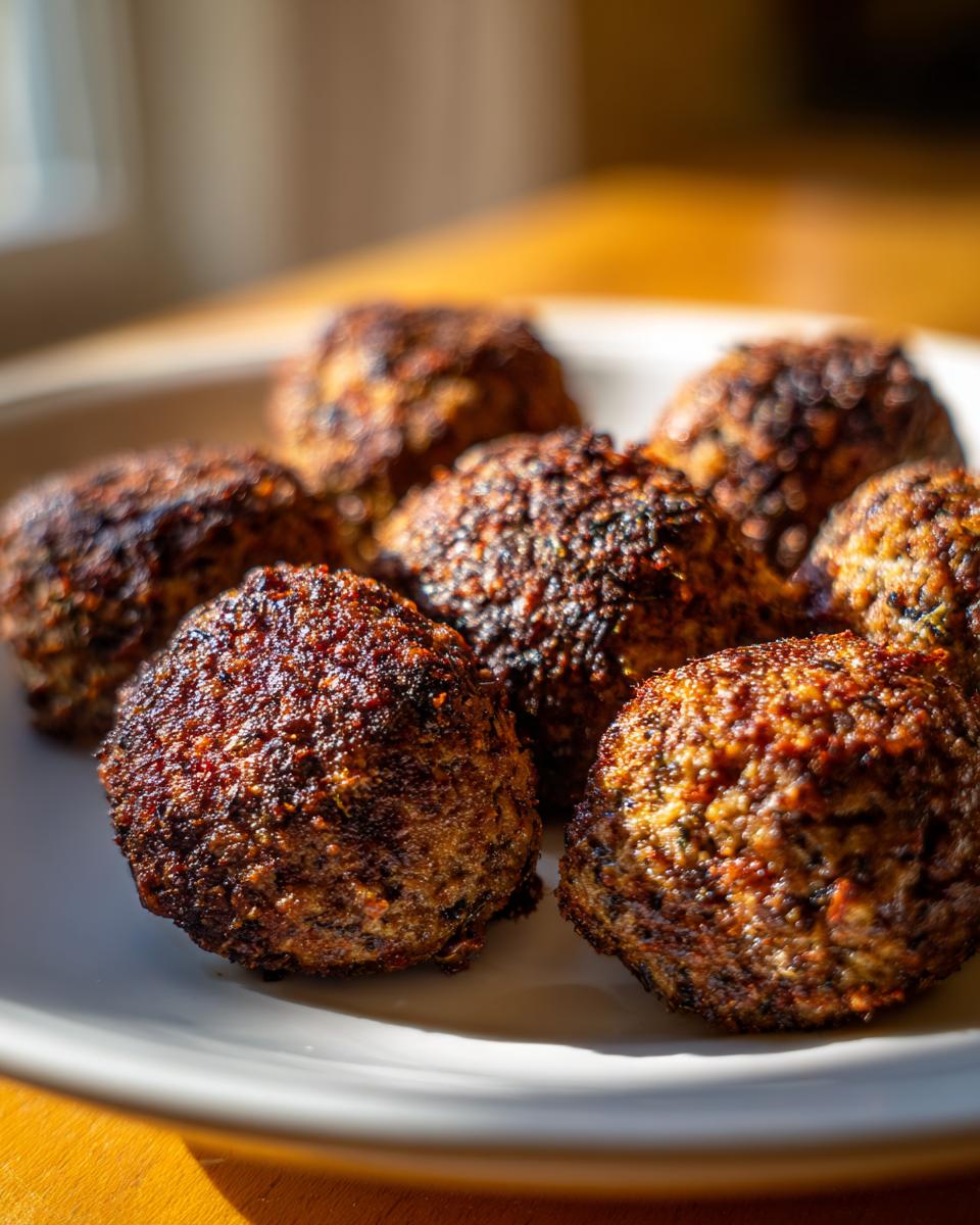 Close-up of several golden-brown, crispy stuffing balls arranged on a white plate.