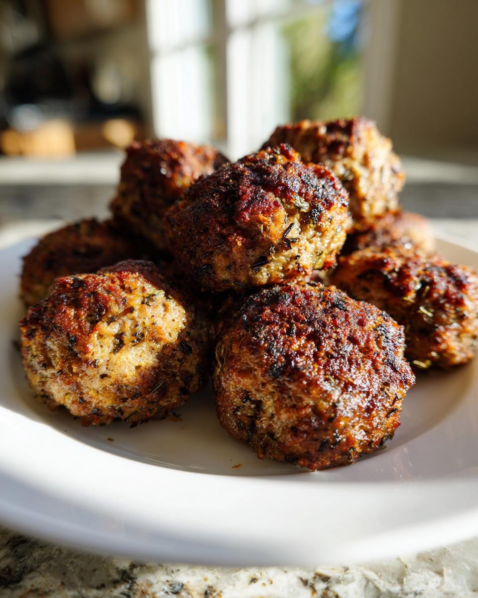 A close-up stack of golden-brown, savory stuffing balls recipe on a white plate.