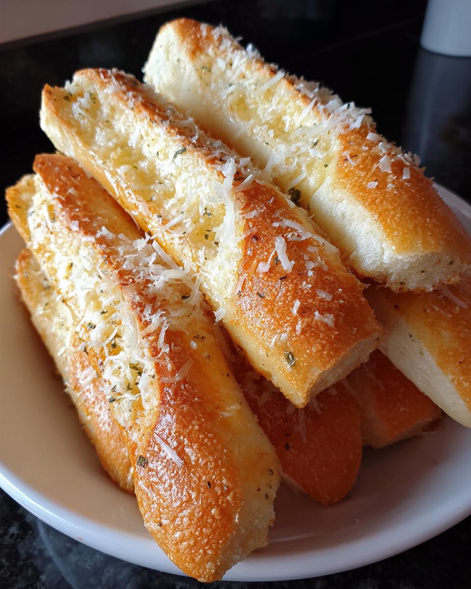 A close-up of golden brown, buttery breadsticks topped generously with grated Parmesan cheese and herbs.