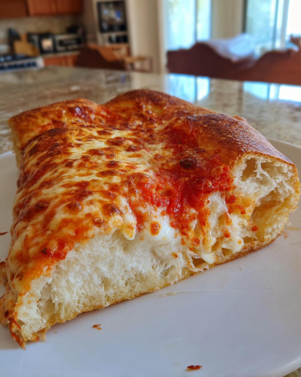 Close-up of a thick slice of cheese pizza showing a fluffy interior crust and melted cheese.