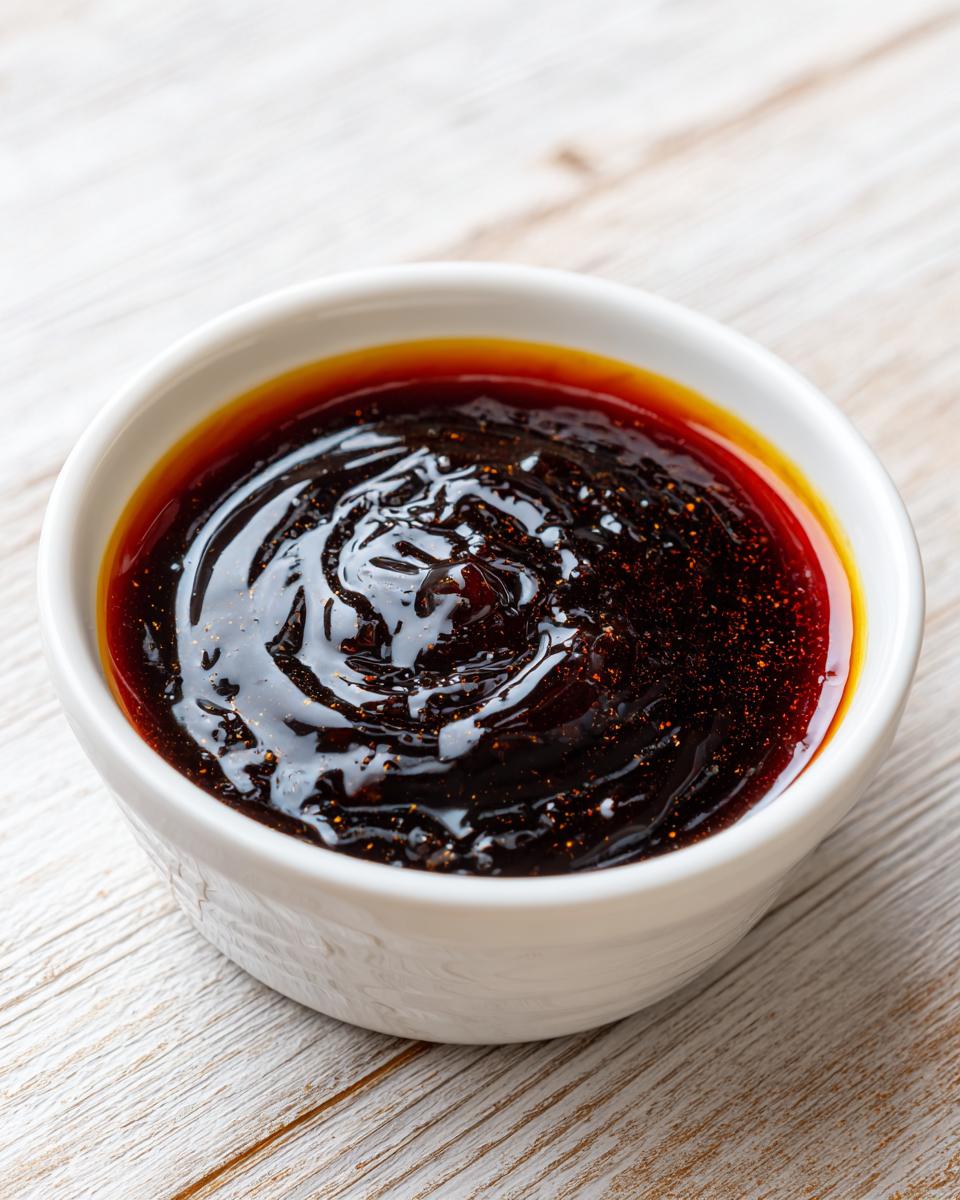 Close-up of thick, glossy homemade teriyaki sauce swirling in a small white dipping bowl on a light wooden surface.