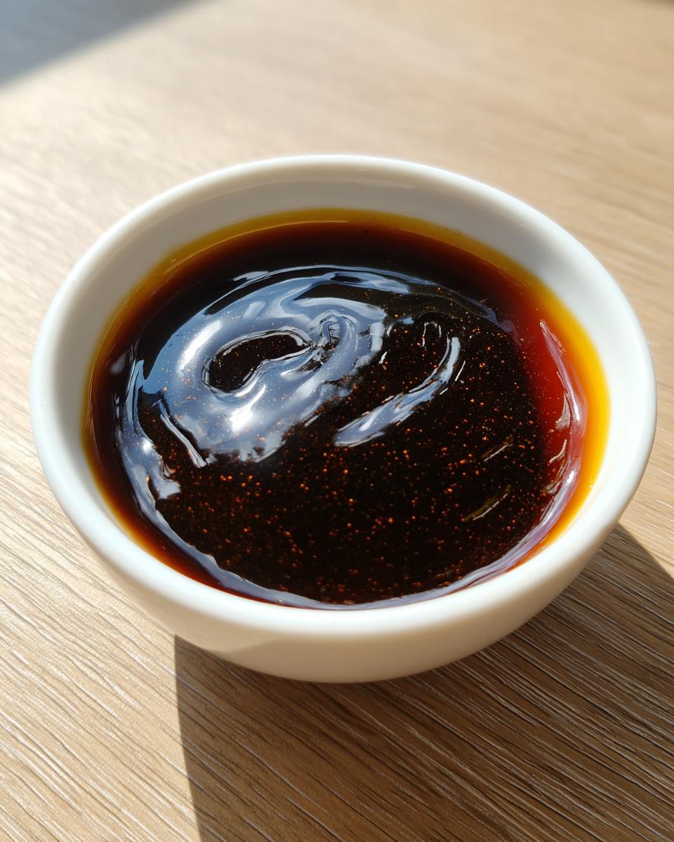 Close-up of thick, glossy homemade teriyaki sauce in a small white dipping bowl.