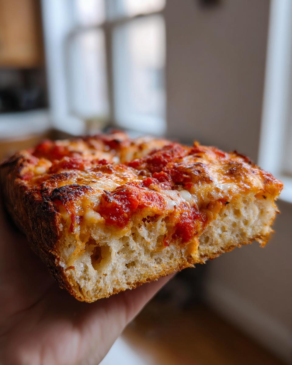 Hand holding a thick, airy slice of pizza showcasing the texture of the cottage cheese pizza crust topped with sauce and melted cheese.
