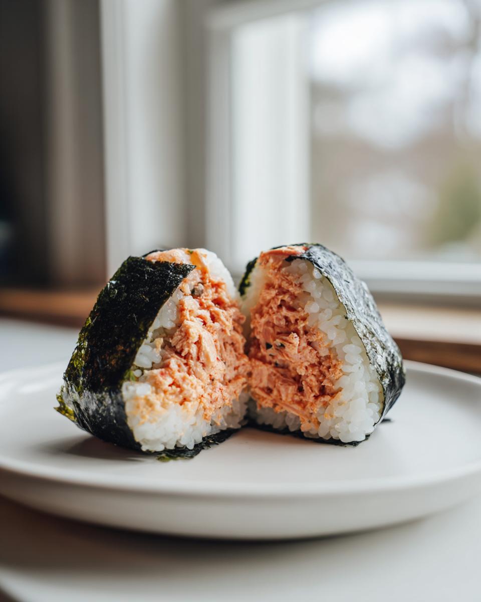 A tuna rice balls onigiri cut in half showing the creamy tuna filling inside the white rice and nori wrap.