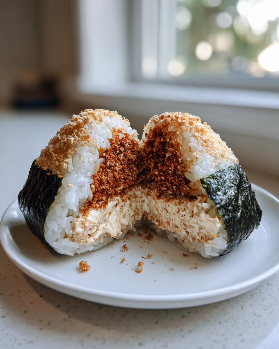Cross-section view of a tuna rice balls (onigiri) showing a creamy tuna filling and a crunchy topping.