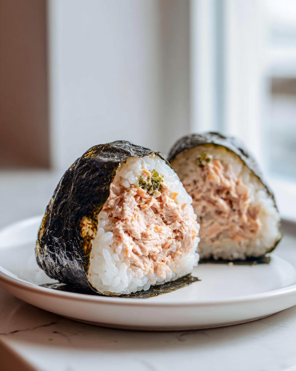 Two triangular tuna rice balls, one cut in half revealing the savory tuna filling, wrapped in dark nori seaweed.