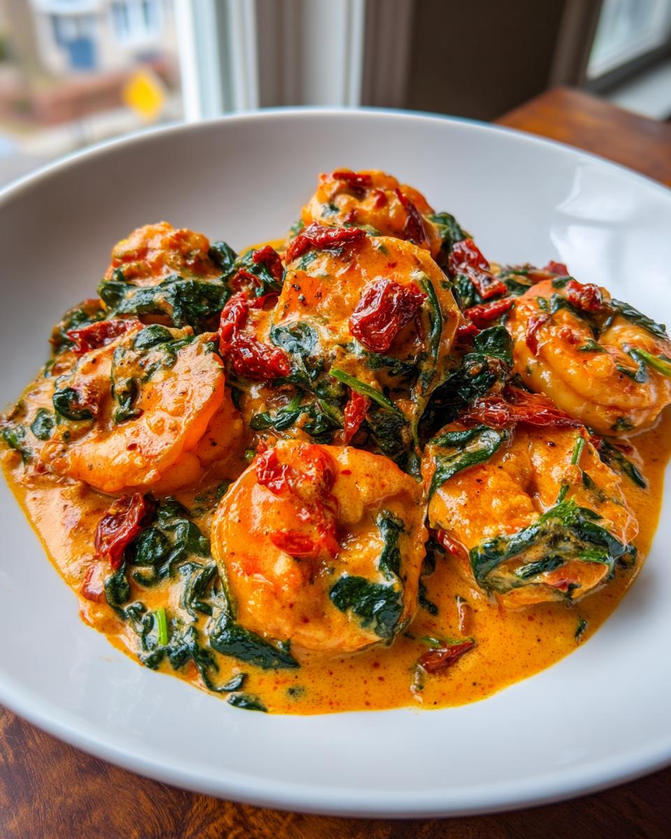 Close-up of succulent shrimp coated in a creamy, orange sauce with spinach and sun-dried tomatoes, served in a white bowl. This is the amazing tuscan shrimp.