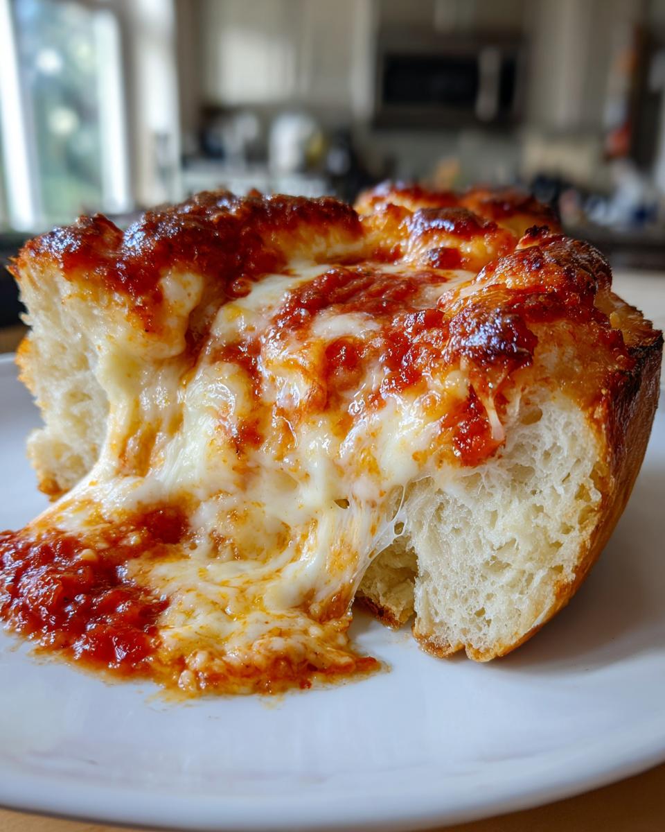 Close-up of a thick slice of cheese pizza showing a dramatic, gooey cheese pull and rich tomato sauce.