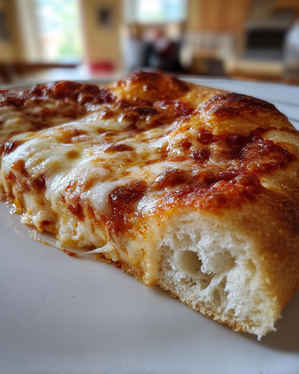A close-up shot of a thick slice of ultimate cheese pizza showing bubbly, melted mozzarella and a fluffy crust edge.