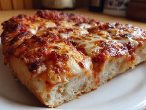 Close-up of a thick slice of cheese pizza showing bubbly, melted cheese and a fluffy crust.