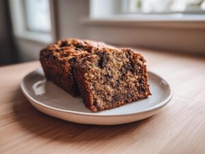 A loaf of moist vegan banana bread, with one slice cut and leaning against the main loaf on a white plate.