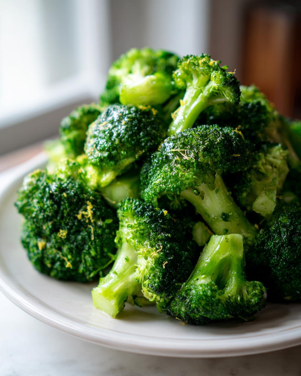 A close-up of bright green steamed broccoli florets piled on a white plate, lightly seasoned with lemon zest.