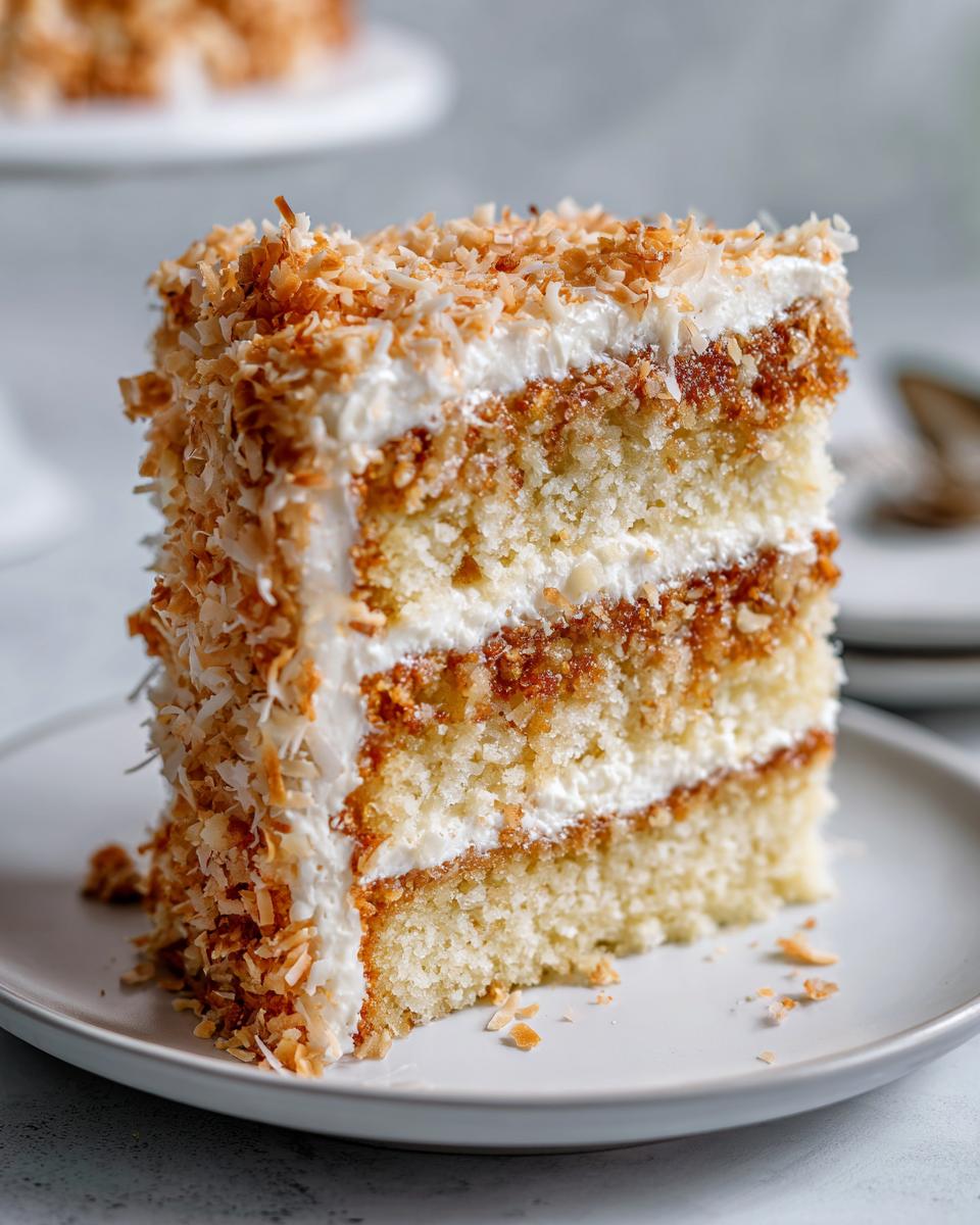 A tall slice of white German chocolate cake featuring layers of white cake, frosting, and toasted coconut topping.