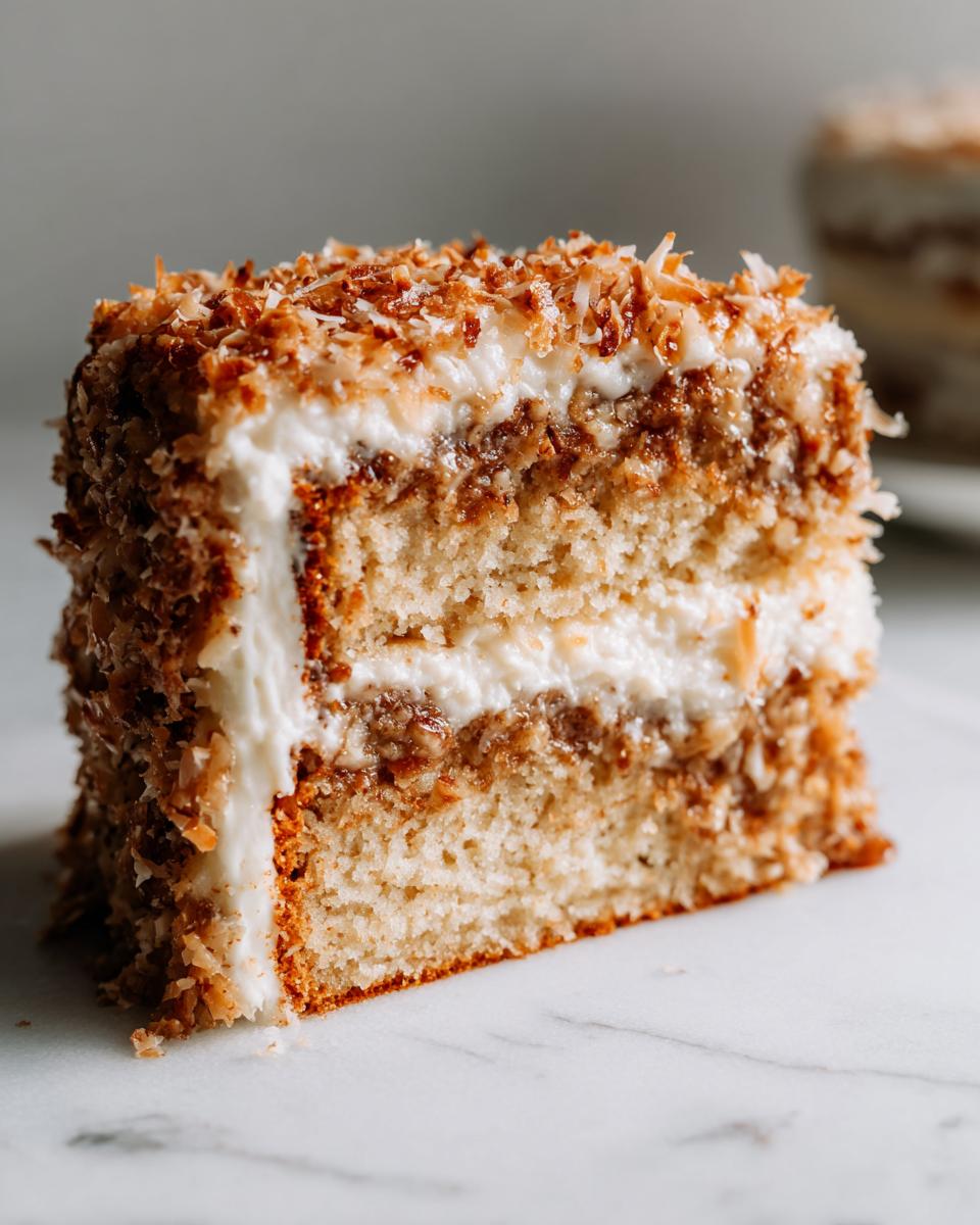 Close-up of a slice of white German chocolate cake with coconut pecan frosting layers.