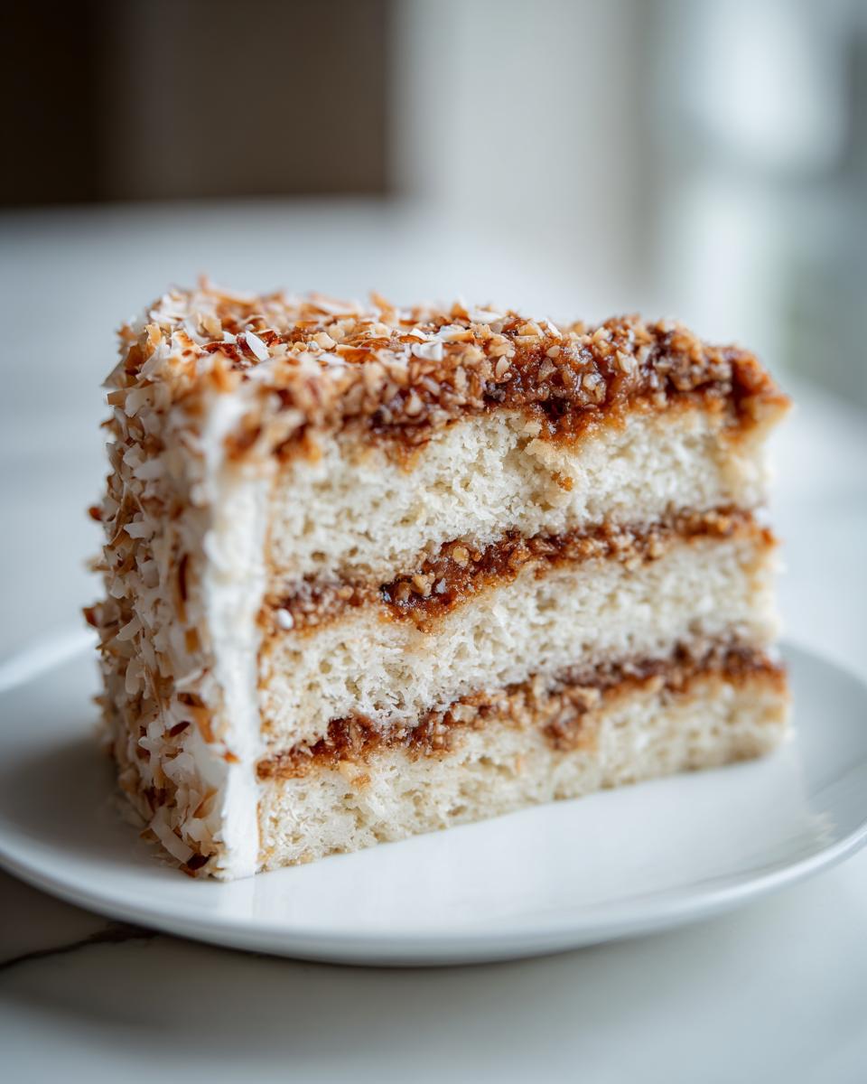A tall slice of white German chocolate cake showing three layers of white cake and coconut-pecan filling.